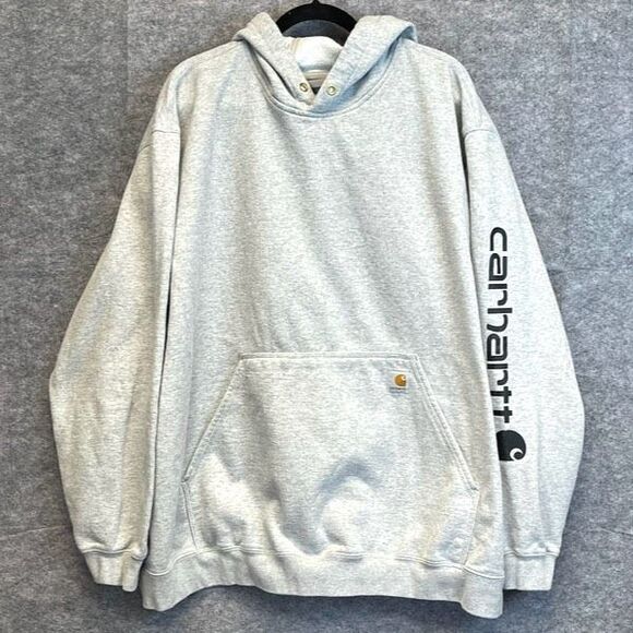 CARHARTT Men’s Hoodie Sweatshirt 3XL Heather Grey Logo Sleeve Loose Fit Pocket - Picture 1 of 14